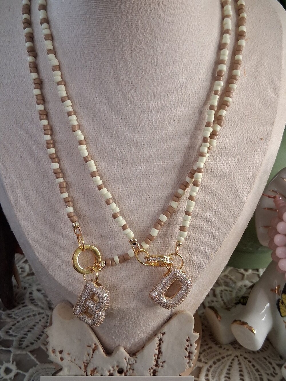 Beaded Initial Pendant Necklace - B or D Charms in Cream and Tan